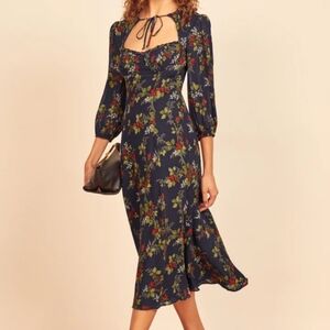 Reformation Poulter Dress Bourdeaux Navy Red Roses Size 14